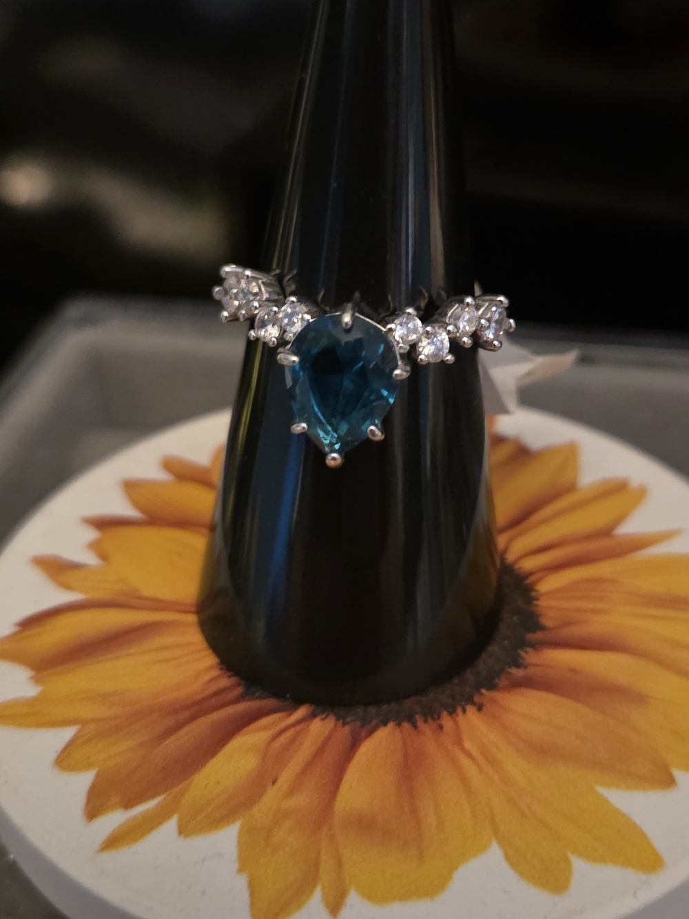 Teardrop Blue Crystal Ring with Clear Accent Stones
